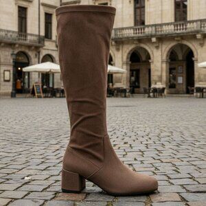 GABOR (7) Microsuede Tall Heel Boot Taupe Soft Square Toe Block Heel Zipper - 7